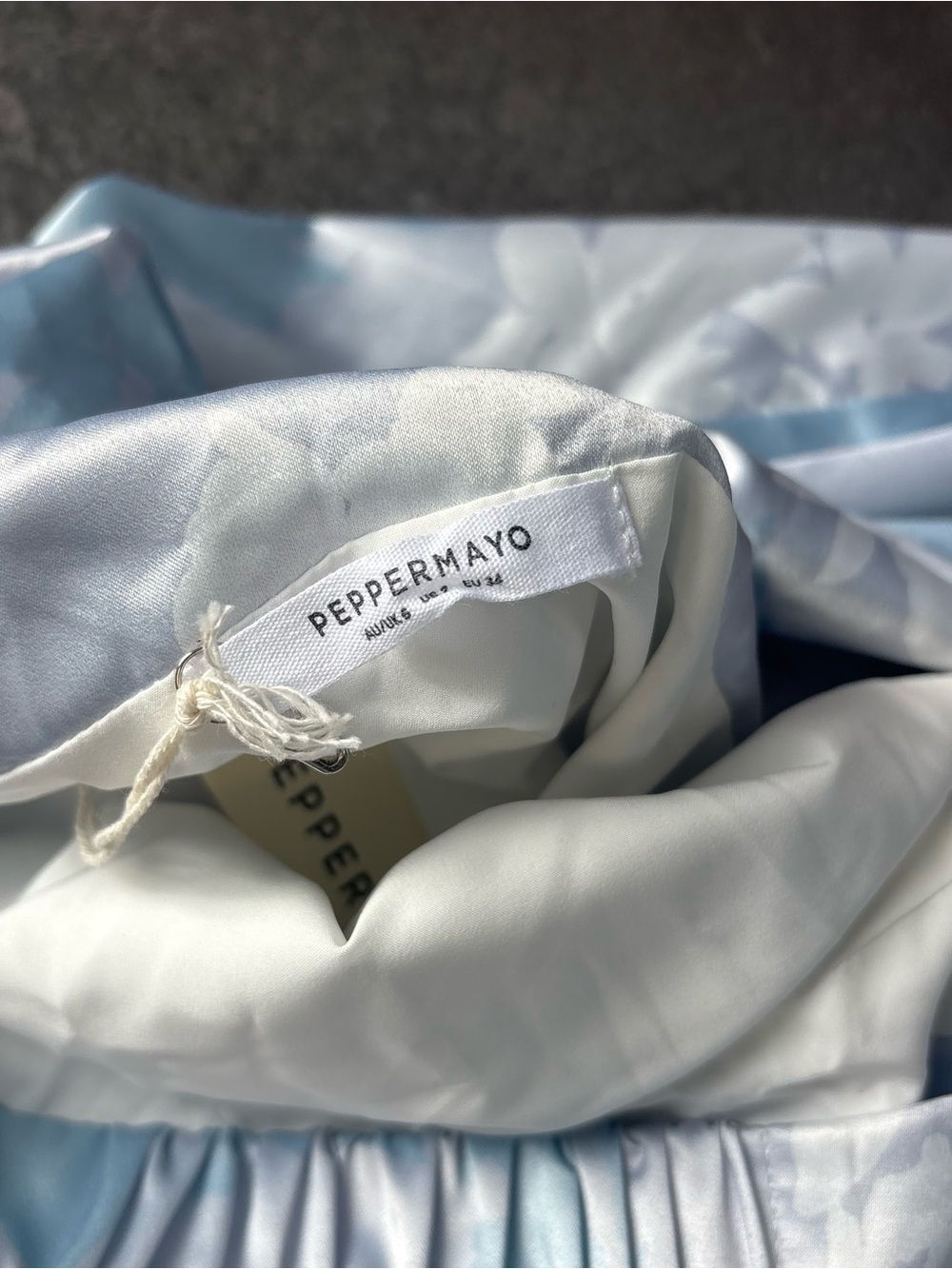 Peppermayo Strapless Pale Blue & White Floral Maxi Dress - satin draped back - Picture 5 of 10